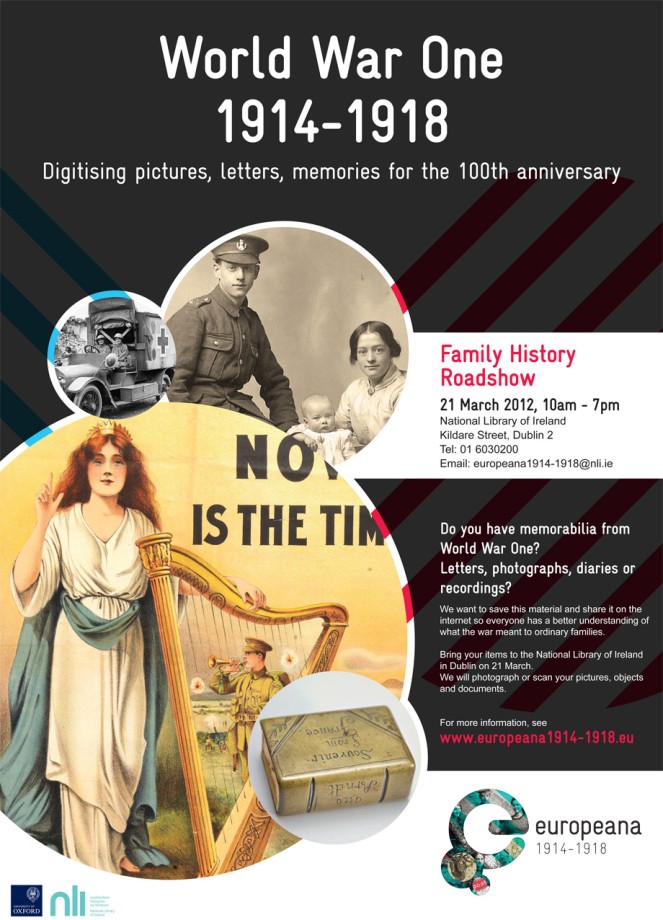 Our WWI Family History Roadshow takes place here at the National Library of Ireland on Wednesday, 21 March 2012 from 10 a.m. to 7 p.m.