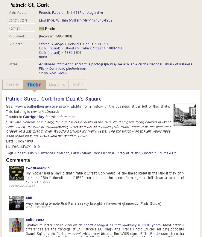 Thanks to the amazing work on an integrated Flickr API undertaken by our Software Development Student, Lutz Biedinger, all of the comments, tags and additional information on our photos that are contributed by our Flickr users are now integrated straight into our catalogue