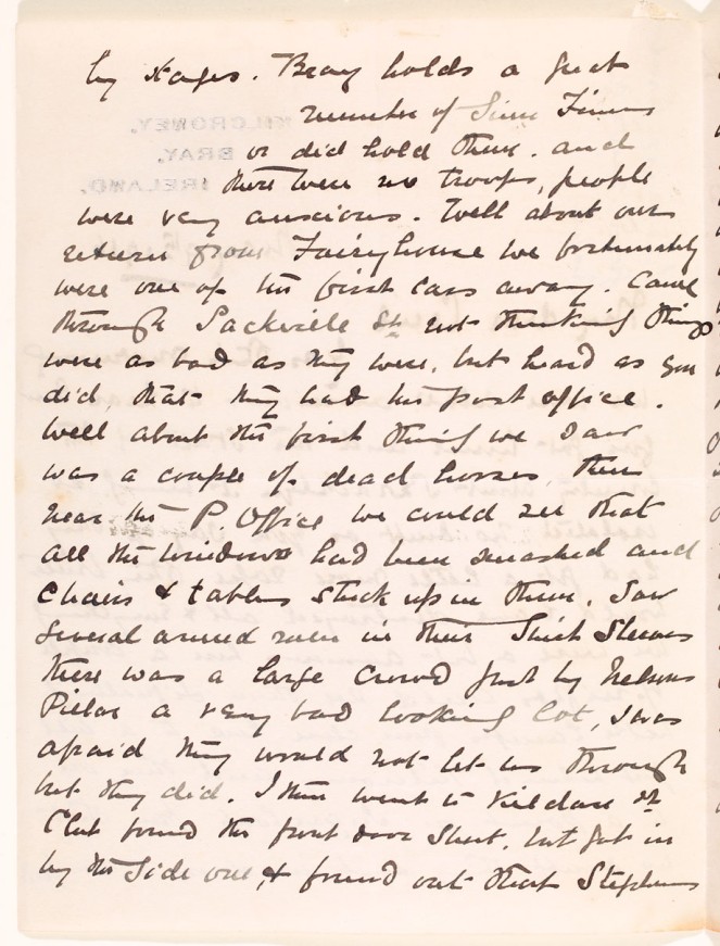 ''... there was a large crowd just by Nelson's Pillar a very bad looking lot ...'' from page 2 of Alfred West's letter. NLI ref.: Ms. 49,365