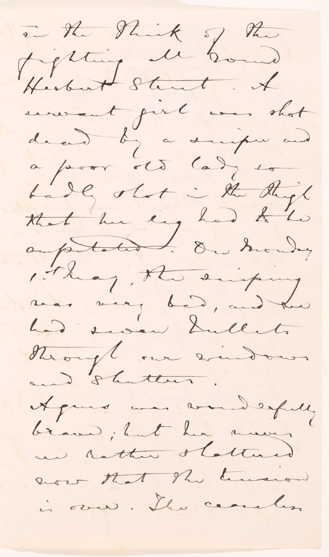 ... On Monday 1st May, the sniping was very bad, ... bullets through our windows and shutters ... from page 3 of Granby Burke's letter. NLI ref.: Ms. 49,366