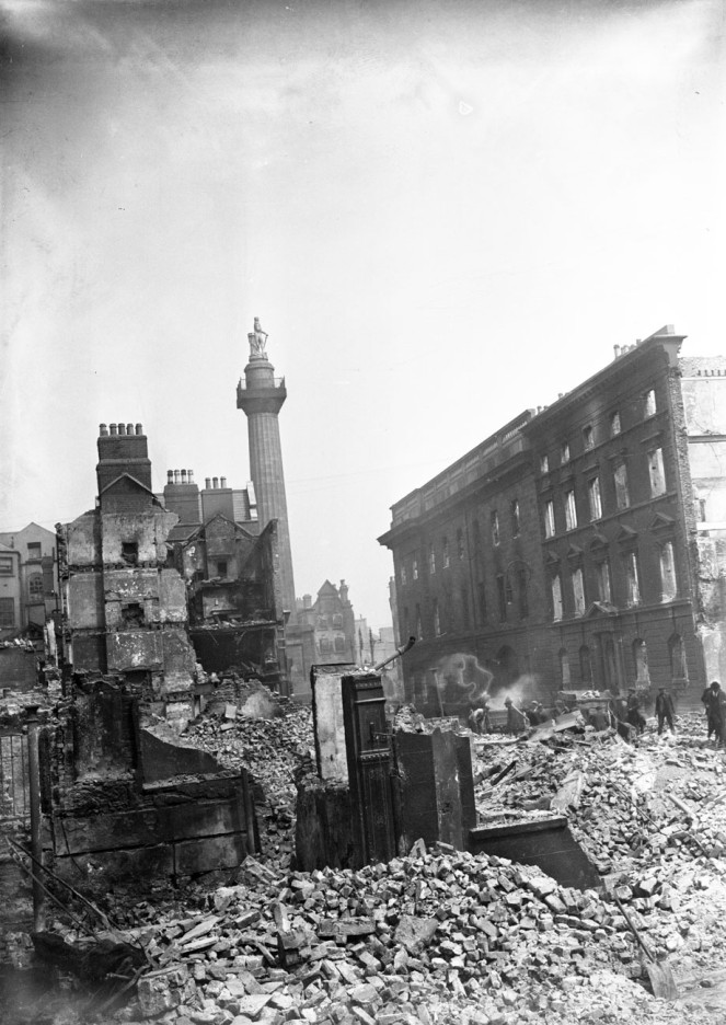 View from the back of the G.P.O. on Henry Street towards Nelson's Pillar on Sackville Street (now O'Connell Street). NLI ref.: Ke 111