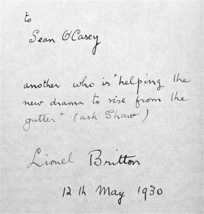 Lionel Britton dedication, 12th May 1930. NLI ref.: LO 11025 Lionel Britton dedication, 12th May 1930. NLI ref.: LO 11025