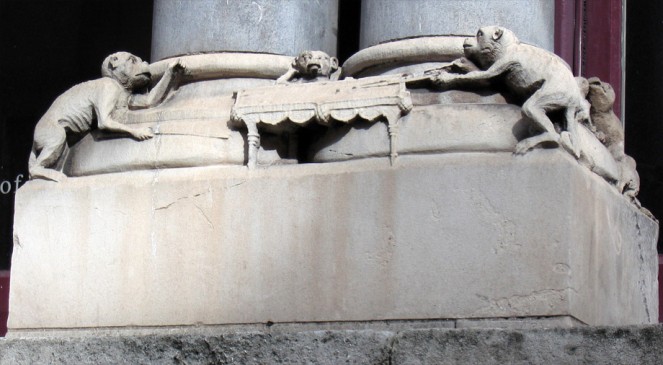 These billiard-playing monkeys outside our Department of Manuscripts reveal the building's antecedents as a club for gentlemen - The Kildare Street Club. Thanks to Mary Mulvihill of Ingenious Ireland for this photo.