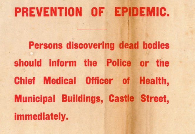 Fearing an outbreak of disease, this handbill was issued by the Administration in Dublin Castle. NLI ref.: POL/1910-20/2