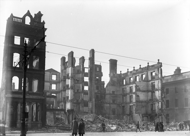 Just one of the photos in our collections that show the scale of devastation after the 1916 Rising. These are the skeletal remains of the Metropole Hotel on Sackville Street (now O'Connell Street). The side wall of the G.P.O. is visibly at extreme right. NLI ref.: Ke 110