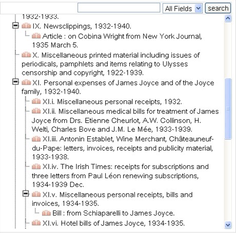 Screenshot of a hierarchical tree from our catalogue showing Context View for the James Joyce - Paul Léon Papers, 1930-1940