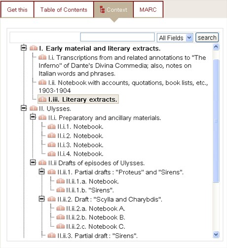 Screenshot of a hierarchical tree from our catalogue showing Context View for the James Joyce Papers 2002, c. 1903-1928