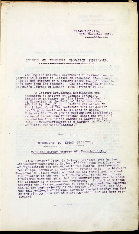 Irish Bulletin, 11 Nov. 1920 - Headline: 'Lecture on Technical Education Supressed'