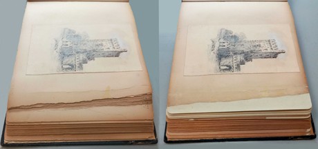 Brittle albums pages before and after conservation treatment