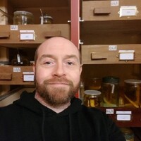 A man with a shaved head and short beard smiles at the camera, wearing a dark hoodie. Behind him are wooden museum storage cabinets filled with glass jars containing preserved specimens, each labeled with small tags.