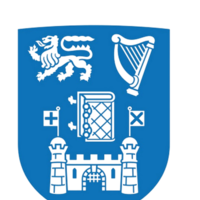Blue shield-shaped Trinity College Dublin crest featuring a castle with an arched gateway, an open book, a lion, a harp, and two small flags.