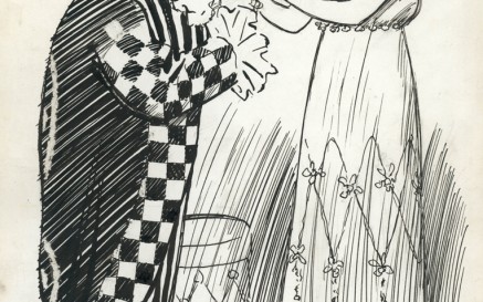 Frank Leah sketch of Rosie Boote being greeted by Harlequin. NLI call no. PD 2159 TX (20) 52, part of our Joseph Holloway Collection Frank Leah sketch of Rosie Boote being greeted by Harlequin. NLI call no. PD 2159 TX (20) 52, part of our Joseph Holloway Collection