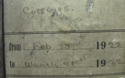 Original box file of Press Cuttings from 23 February to 21 March 1922