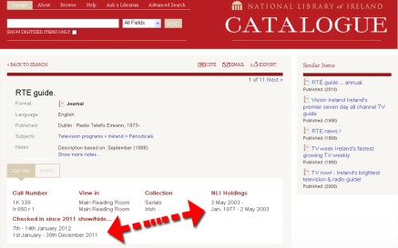Our staff are now checking in issues of journals and periodicals online as we receive them, e.g. the most recent issue of the RTE Guide is already showing on our catalogue... Our staff are now checking in issues of journals and periodicals online as we receive them, e.g. the most recent issue of the RTE Guide is already showing on our catalogue...