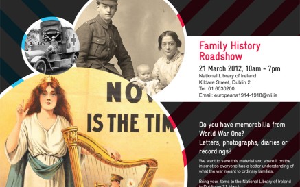 Our WWI Family History Roadshow takes place here at the National Library of Ireland on Wednesday, 21 March 2012 from 10 a.m. to 7 p.m.