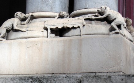 These billiard-playing monkeys outside our Department of Manuscripts reveal the building's antecedents as a club for gentlemen - The Kildare Street Club. Thanks to Mary Mulvihill of Ingenious Ireland for this photo. These billiard-playing monkeys outside our Department of Manuscripts reveal the building's antecedents as a club for gentlemen - The Kildare Street Club. Thanks to Mary Mulvihill of Ingenious Ireland for this photo.