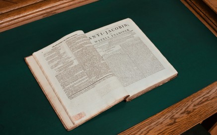 An open page showing Anti-Jacobin newspaper from 1797 bound in a volume  