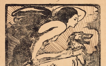 A hand illustrated working proof for the Abbey Theatre featuring an angel holding an Irish wolfhound by the lead