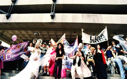 A group of homosexuality decriminalisation demonstrators on the steps of the Central Bank Plaza on Dame Street in Dublin