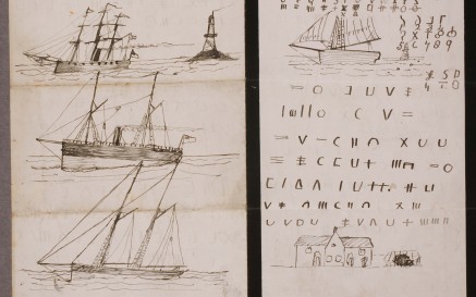 A hand-drawn illustration of three different types of ships next to a coded letter written in pencil  