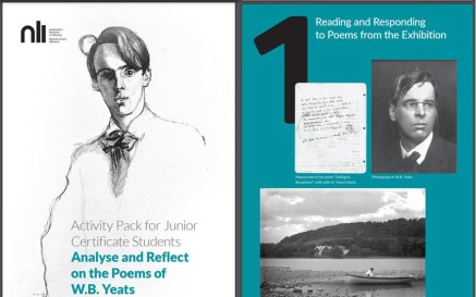 A National Library of Ireland branded page features a sketch of a young WB Yeats, with text and photographs