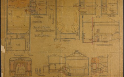 A yellowed and worn page with the hand-sketched blueprints for the Abbey Theatre