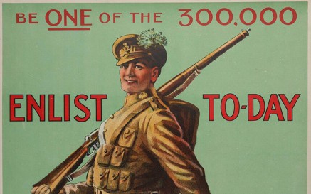 An enlistment poster featuring a young soldier shouldering a rifle. Text reads: "Be ONE of the 300,000" "Enlist Today and have it to say YOU helped to beat the Germans" "Go to the recruiting officer and join an Irish regiment"