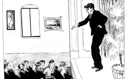 A cartoon showing WB Yeats giving a lecture on stage to a large audience 