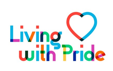 A graphic logo features a red and blue heart with rainbow-coloured lettering that reads: Living with Pride