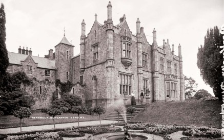 A black and white photograph of Parkanaur House, Co. Tyrone, a grand house and gardens