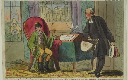 Jonathan Swift, (1667-1745), satirist and Dean of St. Patrick's Cathedral, Dublin, stands, delivering a turbot to a post boy who is seated in his chair - on the writing desk in front of the post boy is a piece of paper bearing the title "Gulliver's Travels". Outside the window, one can see St. Patrick's Cathedral. 