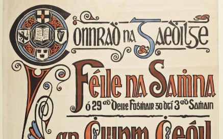 Irish language broadside poster with decorative red typography. Issued by Conradh na Gaeilge in 1917 for its annual Hallowe'en festival, advertising a concert and a céilí to be held in the Mansion House. 