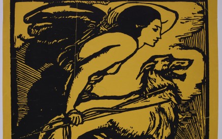 Irish National Theatre Society Logo, designed by Elinor Monsell, depicting woman with a greyhound. 	Irish National Theatre Society logo, designed by Elinor Monsell (d. 1954) was originally produced from a pear woodcut. Image is in black ink on a yellow background.