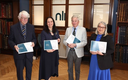 Standing left to right, Dr Martin Mansergh, Minister Catherine Martin, Dr Maurice Manning and NLI Director Audrey Whitty holding printed programme of events