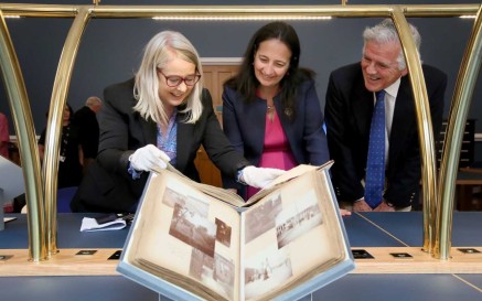 Dr Audrey Whitty, Minister Catherine Martin and Eoin McVey in the NLI's Manuscripts Room
