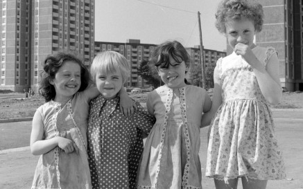 Group of little girls in front of tower blocks, Ballymun, Dublin