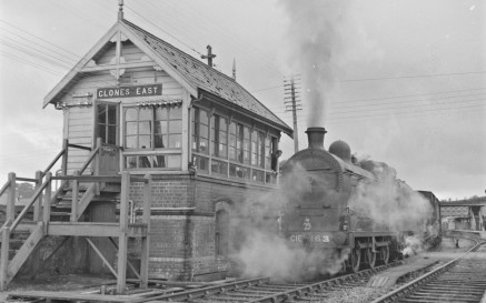 Image from Co. Monaghan is of the ‘Goods train’ at Clones East in July 1959. The photograph showcases a steam train passing the signal cabin. 