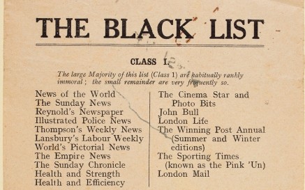 Image of a bill titled "Black List" with a list of publications labelled as immoral.