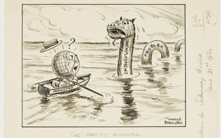 Cartoon showing a character with a globe head in a rowboat being chased by a water monster labelled as the "unemployment problem."