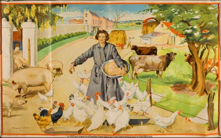 Lithograph on paper sheet depicts a young woman on a farm surrounded by hens, pigs and other farm animals.