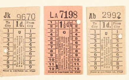Used tram tickets for Dublin printed on brown card.