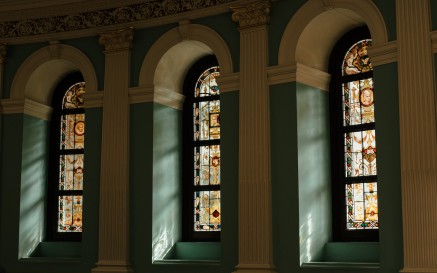 View of the stained glass windows in the NLI Main Hall. 
