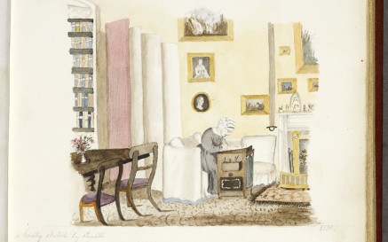 Sketch of a woman at a writing desk.