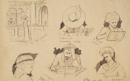 Pen and ink drawings of various readers in the National Library of Ireland. Initialled by the artist G.A.D, date unknown . PD 3095 TX 2.