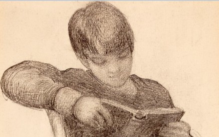 Portrait of William Butler Yeats, (1865-1939), when a boy; whole length, seated, reading, right arm on back of chair.