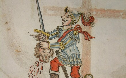 image of a knight with a beheaded head and sword, trampling an animal underneath