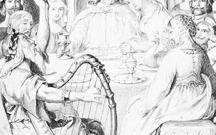 Etching, 'The Harp that once thro Tara's Halls', gathering with harpist at table; M41/25. 