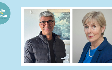 dublin book festival logo on blue background with photos of the two speakers