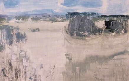 Abstract landscape painting titled Fermanagh Field I by Terence Philip Flanagan. The artwork depicts a pale, textured field rendered in muted tones of beige, grey, and white, with expressive brushstrokes suggesting land and sky. A soft blue sky with streaks of white looms over darker, indistinct shapes resembling distant trees or rocks, creating a sense of open space and quiet atmosphere.