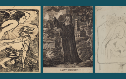 Collage of images relating to women in Irish folklore including Queen Maeve, Saint Brigid & a sheela-na-gig. 